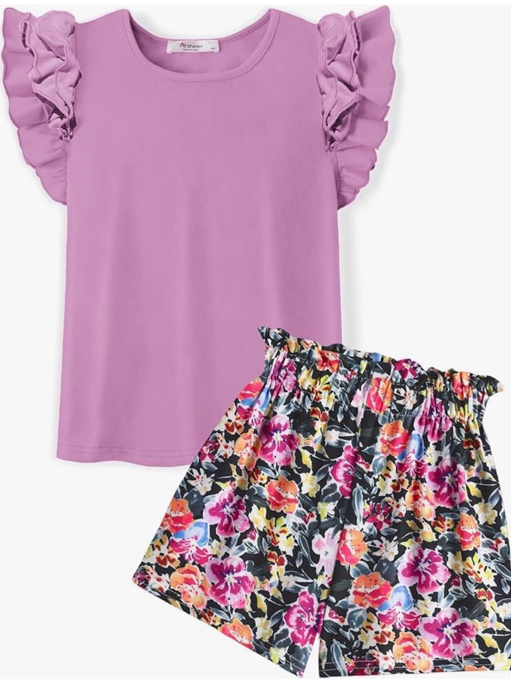 Girls Ruffle Sleeve Tee & Floral Shorts Set - Lavender Top